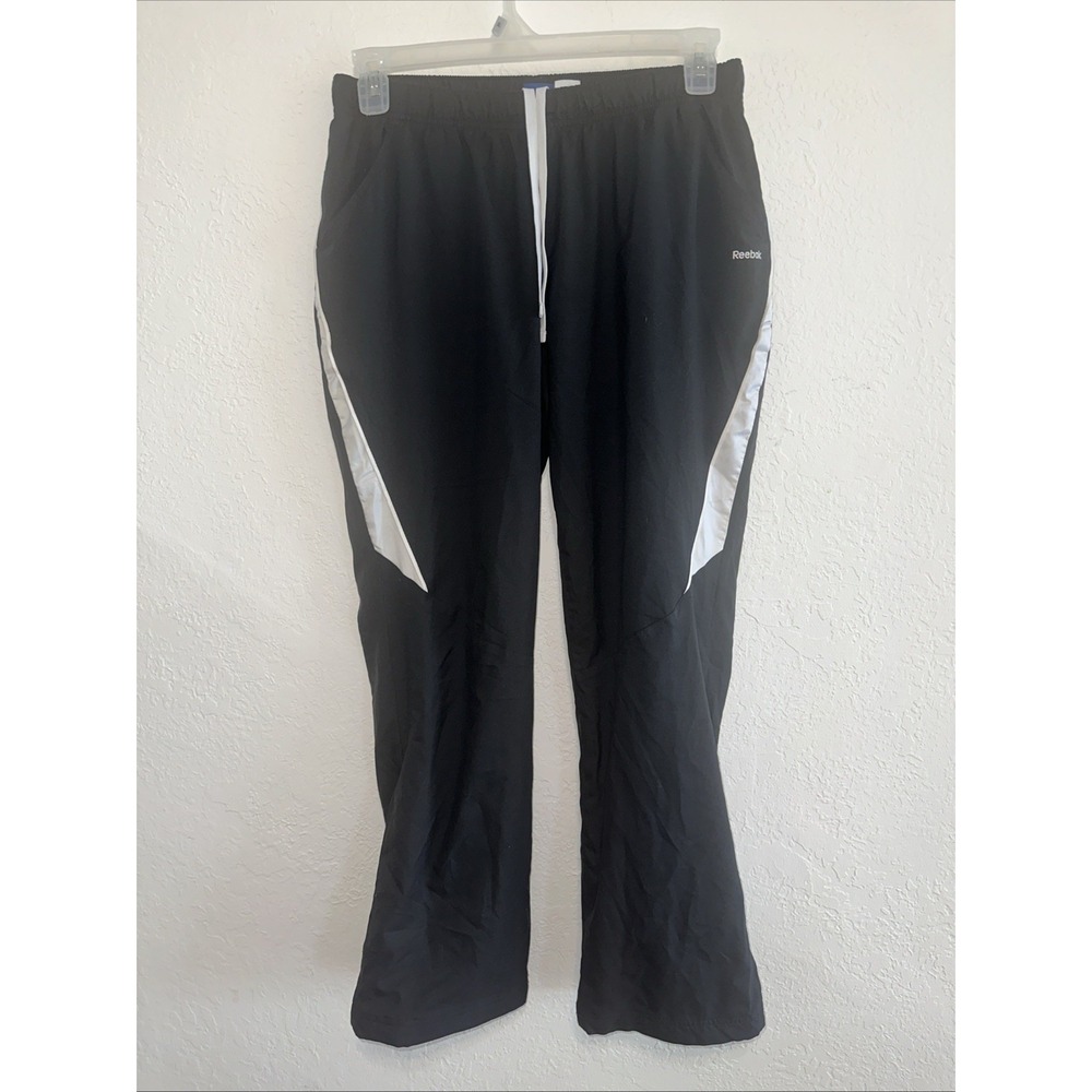 Reebok Mens Track Pants Black White Side Stripe Mesh Lined Joggers Size Medium